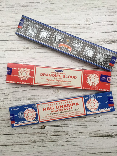 Satya Nag Champa, Super Hit & Dragon’s Blood Incense - hand rolled 15g