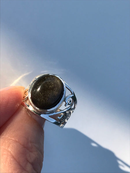 Golden Sheen Obsidian Sterling Silver Cuff Ring